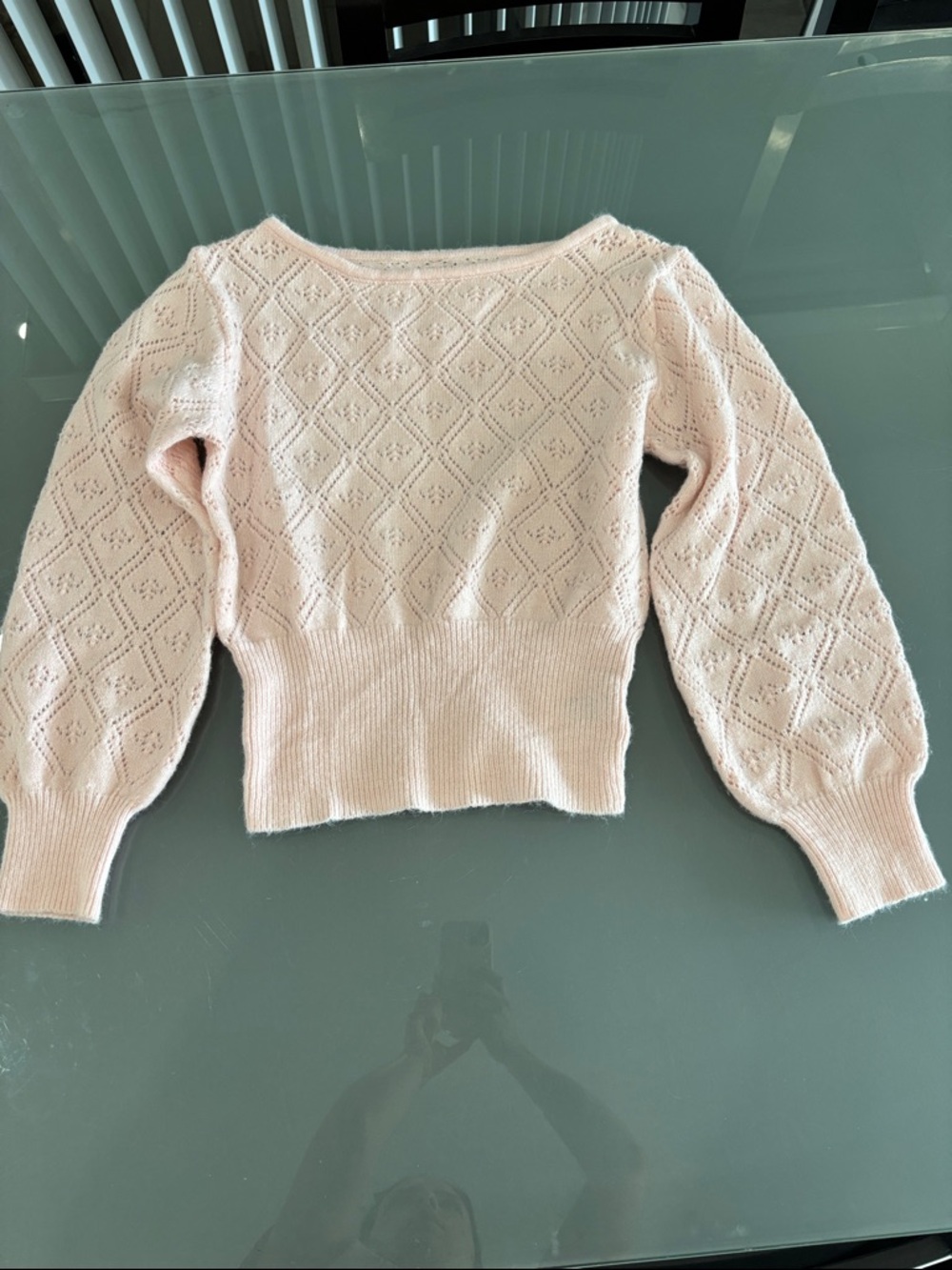 Cider Light Pink Pointelle Crewneck Sweater with Puff Sleeves